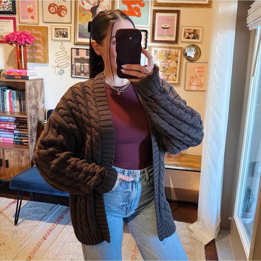 Undra Celeste Brown Cable Knit Cardigan Sweater - Picture 2 of 9